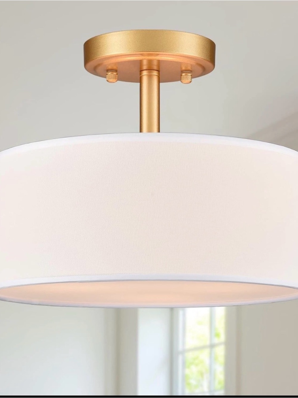 Gold Semi-Flush Drum Pendant with White Fabric Shade